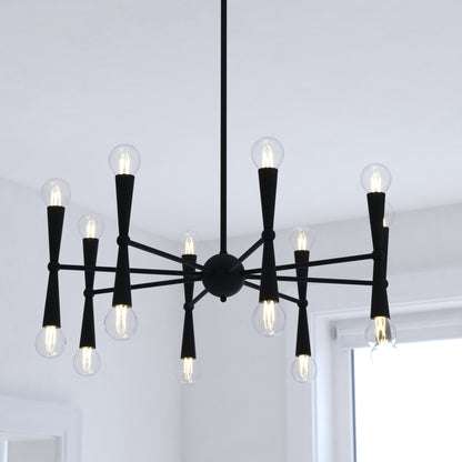 Close-up front view of the Drake 29-inch 16 Light Chandelier in matte black with exposed bulbs and mid-century modern design
