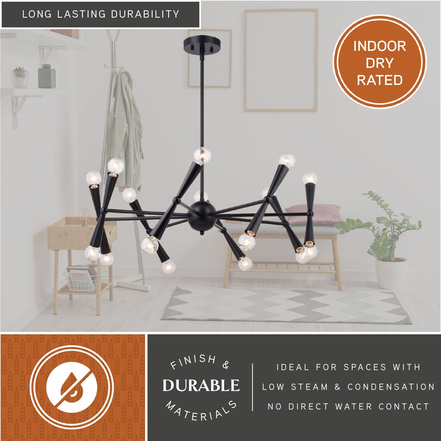 Drake 29-inch 16 Light Chandelier shown in a bright indoor room, highlighted as indoor dry rated with durable materials suitable for low steam and condensation areas