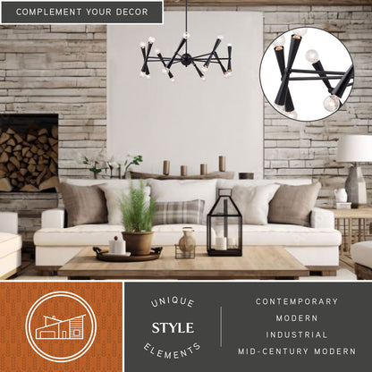 Drake 29-inch 16 Light Chandelier displayed in a modern living room with stone accent wall, showing close-up of matte black rotating arms and exposed bulbs and its contemporary, modern, industrial and mid-century modern decor elements.