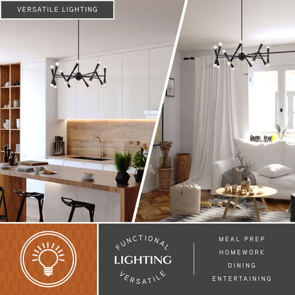 Versatile lighting display showing the Drake 29-inch 16 Light Chandelier installed in a modern kitchen and cozy living room, showcasing its versatile lighting for meal prep, homework, dining, and entertaining spaces.