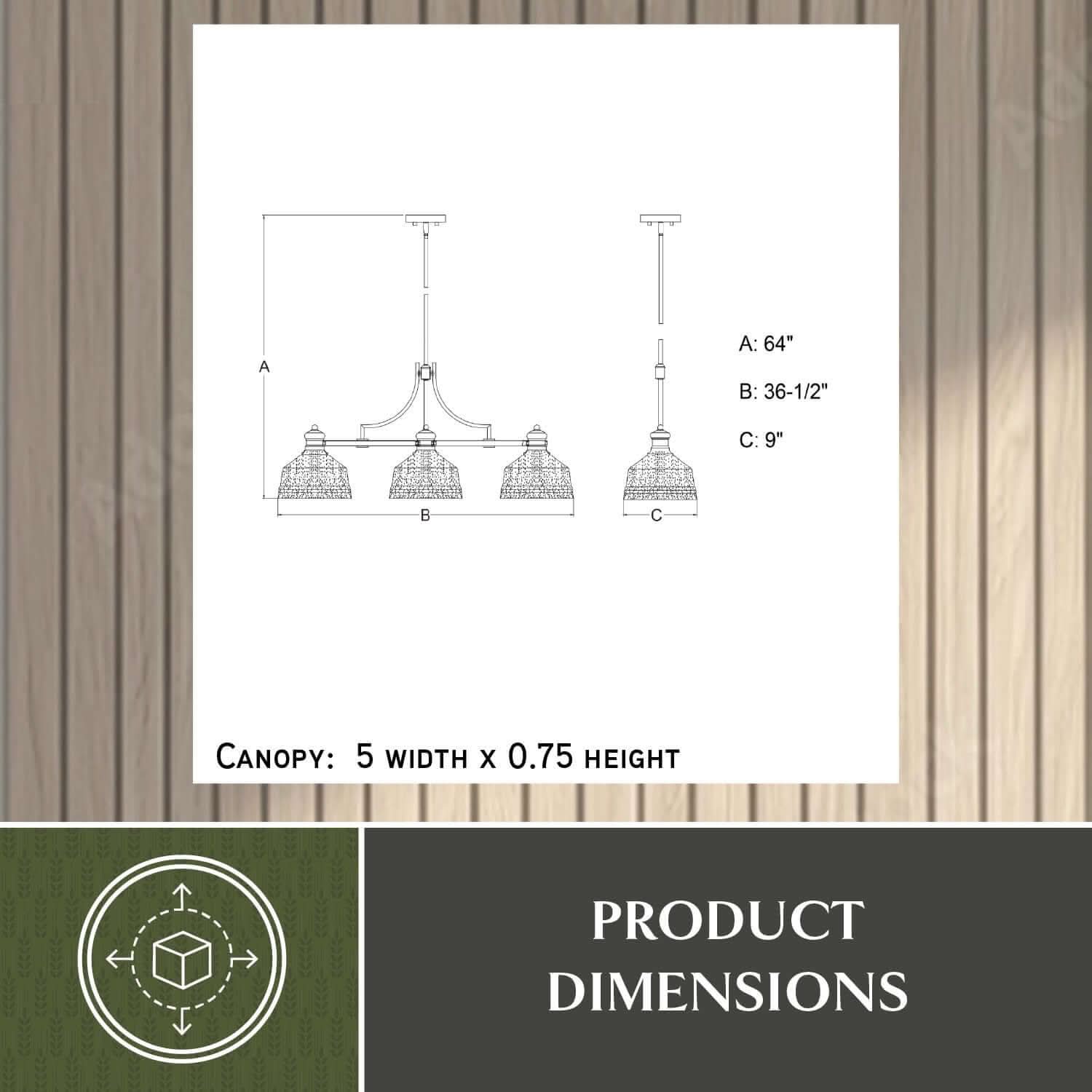 Beloit 36.5-inch 3 Light Linear Chandelier dimension diagram showing A: 64″ height, B: 36.5″ width, C: 9″ depth, and canopy size 5″ width × 0.75″ height