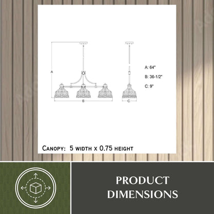 Beloit 36.5-inch 3 Light Linear Chandelier dimension diagram showing A: 64″ height, B: 36.5″ width, C: 9″ depth, and canopy size 5″ width × 0.75″ height
