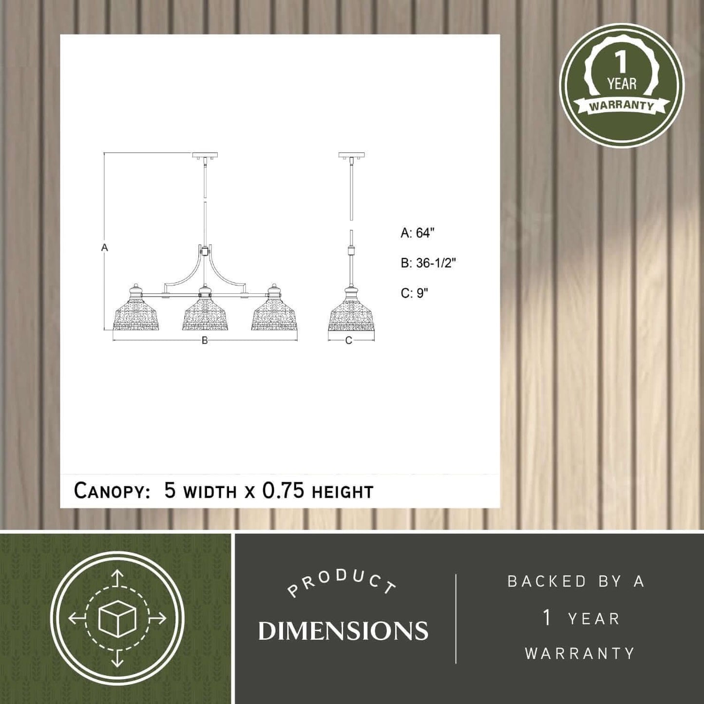 Technical dimensions diagram of the Beloit 36.5-inch 3 Light Linear Chandelier showing A: 64″ height, B: 36.5″ width, C: 9″ depth, with canopy size 5″ width × 0.75″ height