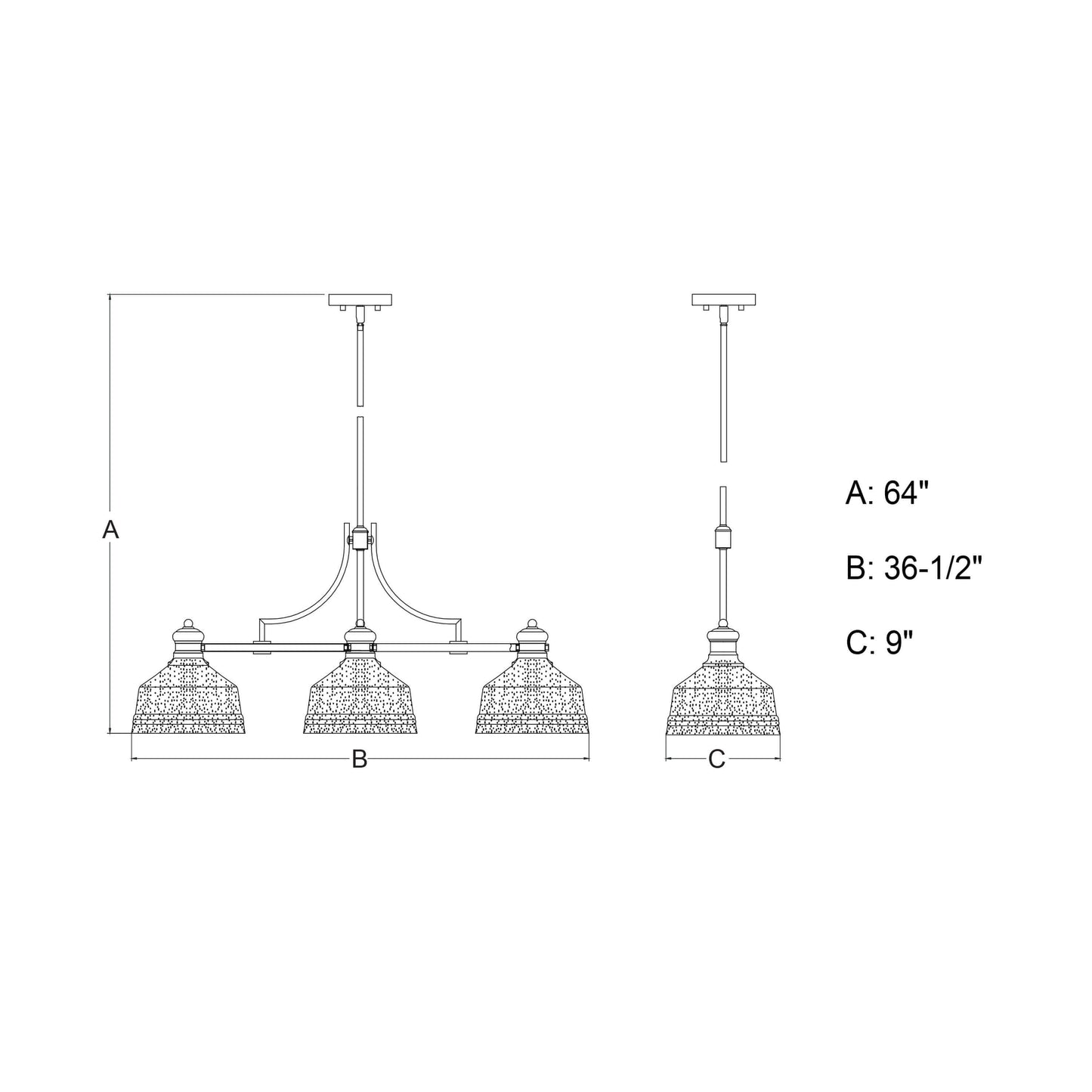 Beloit 36.5-inch 3 Light Linear Chandelier technical drawing showing A: 64″ height, B: 36.5″ width, and C: 9″ depth