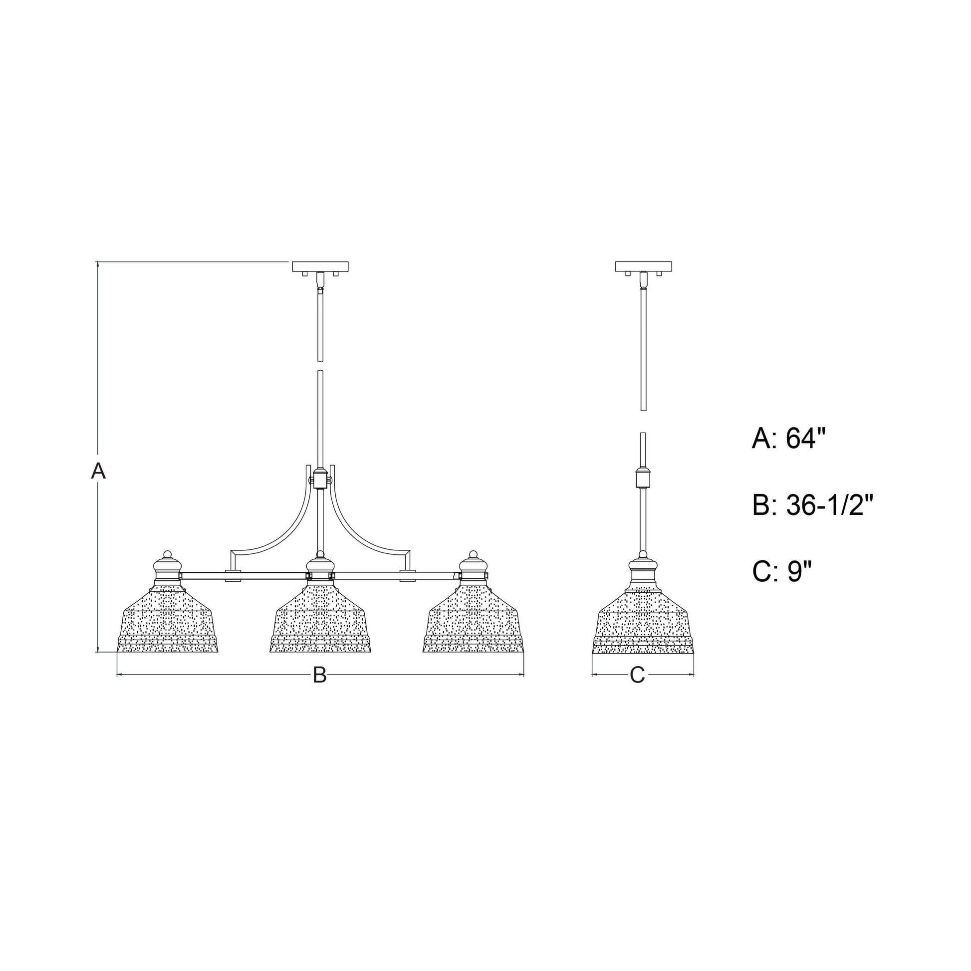 Beloit 36.5-inch 3 Light Linear Chandelier technical drawing showing A: 64″ height, B: 36.5″ width, and C: 9″ depth