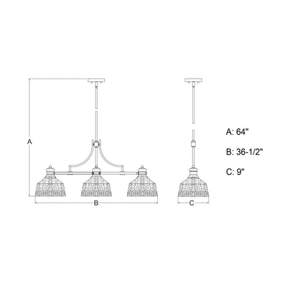 Beloit 36.5-inch 3 Light Linear Chandelier technical drawing showing A: 64″ height, B: 36.5″ width, and C: 9″ depth