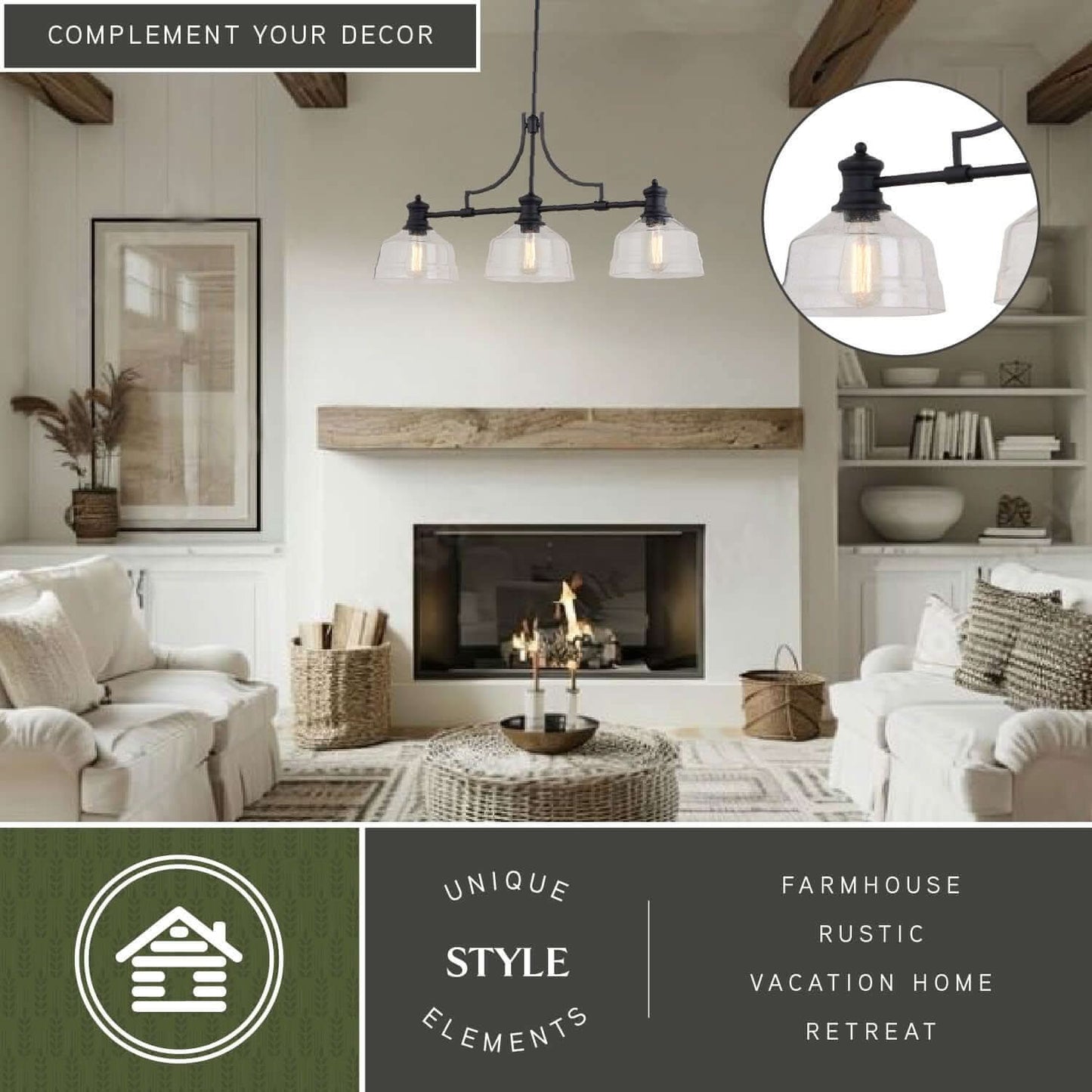 Beloit 36.5-inch 3 Light Linear Chandelier styled in a cozy farmhouse living room with rustic décor and clear seeded glass shades