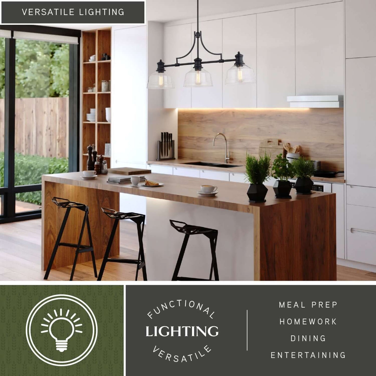 Beloit 36.5-inch 3 Light Linear Chandelier installed above a modern kitchen island, showcasing its versatile lighting for meal prep, homework, dining, and entertaining spaces.