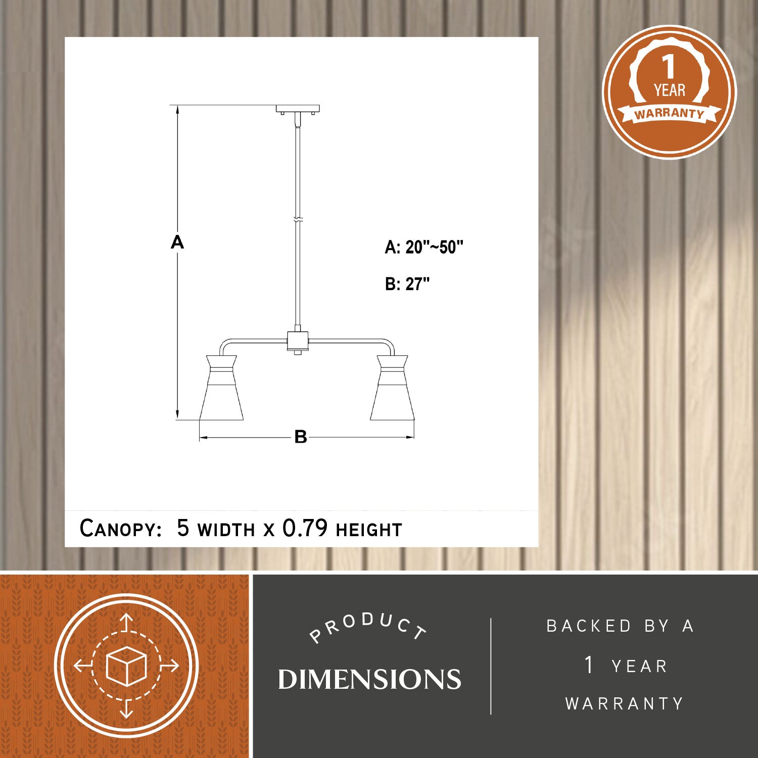 Technical diagram of the Harper 27-inch 5 Light Chandelier showing dimensions — A: adjustable height from 20″ to 50″, B: 27″ width, with canopy size 5″ width × 0.79″ height