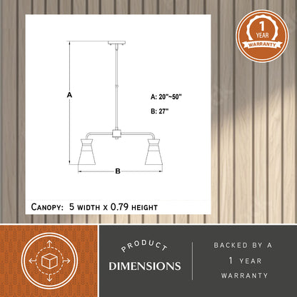 Technical diagram of the Harper 27-inch 5 Light Chandelier showing dimensions — A: adjustable height from 20″ to 50″, B: 27″ width, with canopy size 5″ width × 0.79″ height