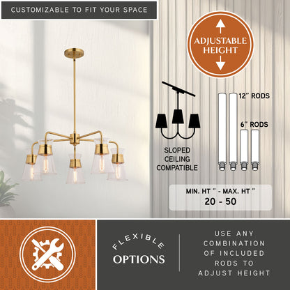 Harper 27-inch 5 Light Chandelier with adjustable height, showing included rods, sloped ceiling compatibility, and flexible installation options