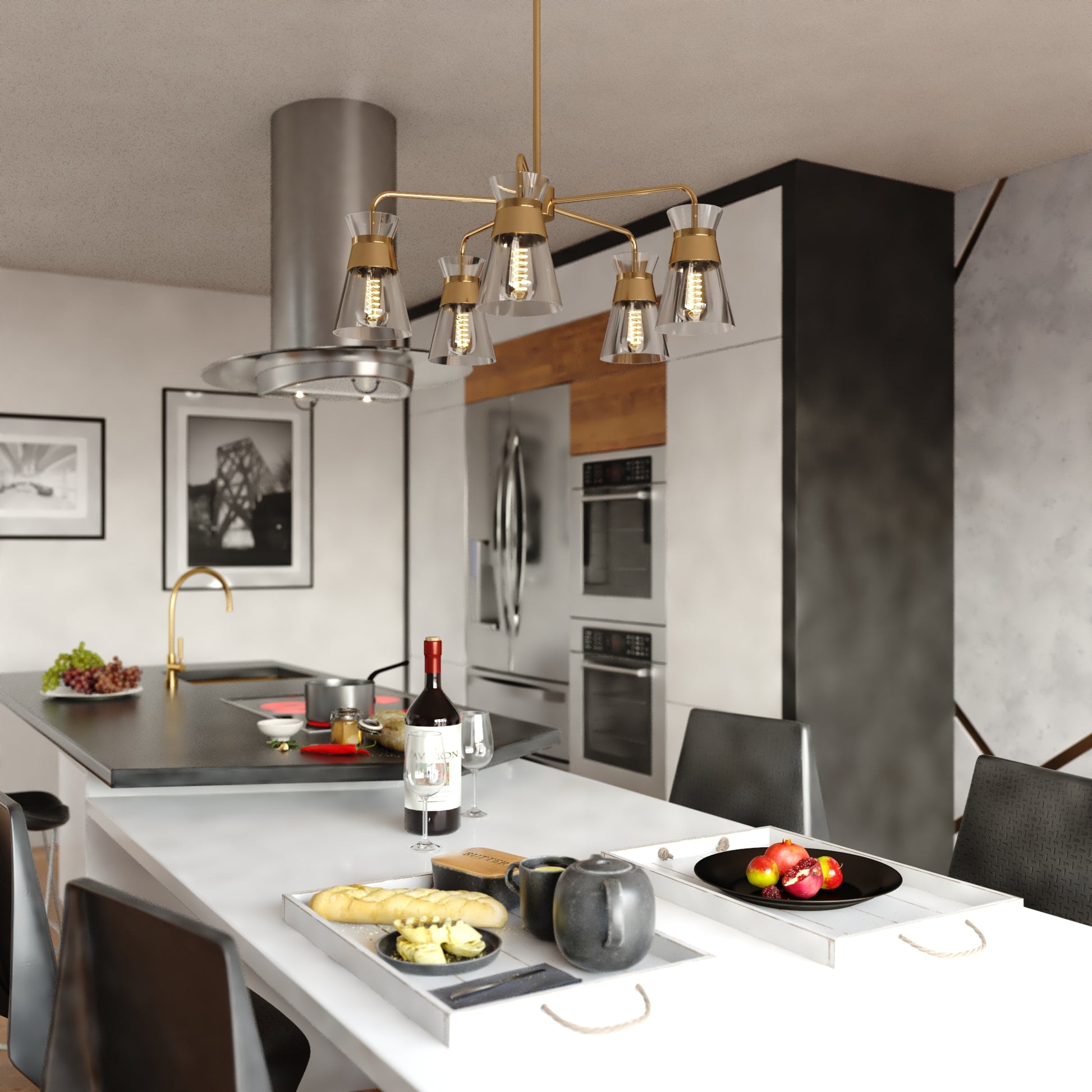 Harper 27-inch 5 Light Chandelier in a modern kitchen setting with natural brass finish and clear glass shades hanging above an island