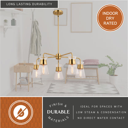 Harper 27-inch 5 Light Chandelier in brass finish displayed in a room setting, showing indoor dry rating and durable materials suitable for low-steam spaces