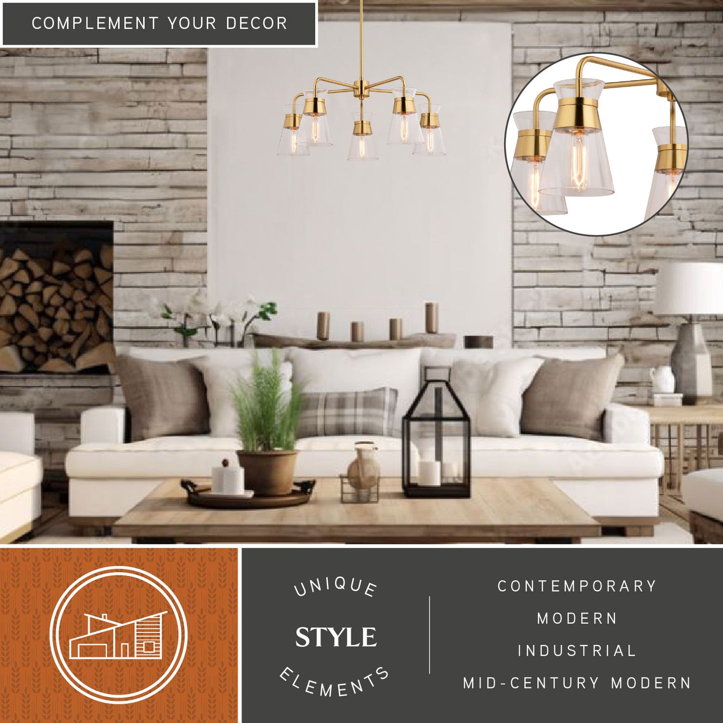 Harper 27-inch 5 Light Chandelier with contemporary, modern, industrial and mid-century modern decor elements displayed in a contemporary living room, highlighting its unique style elements.