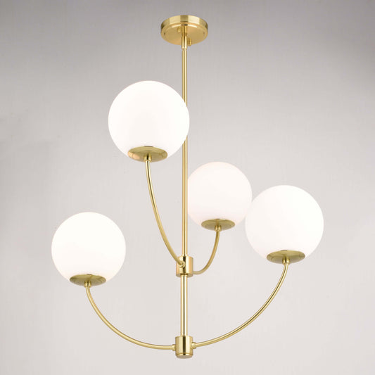 Avers 26-inch 4 Light Chandelier with satin brass finish and frosted opal glass globes on a plain studio background
