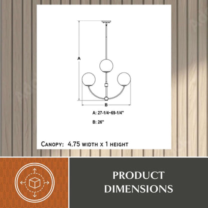 Avers 26-inch 4 Light Chandelier dimensions diagram showing adjustable height A (27.25–69.25 inches), width B (26 inches), and canopy size 4.75 inches width × 1 inch height