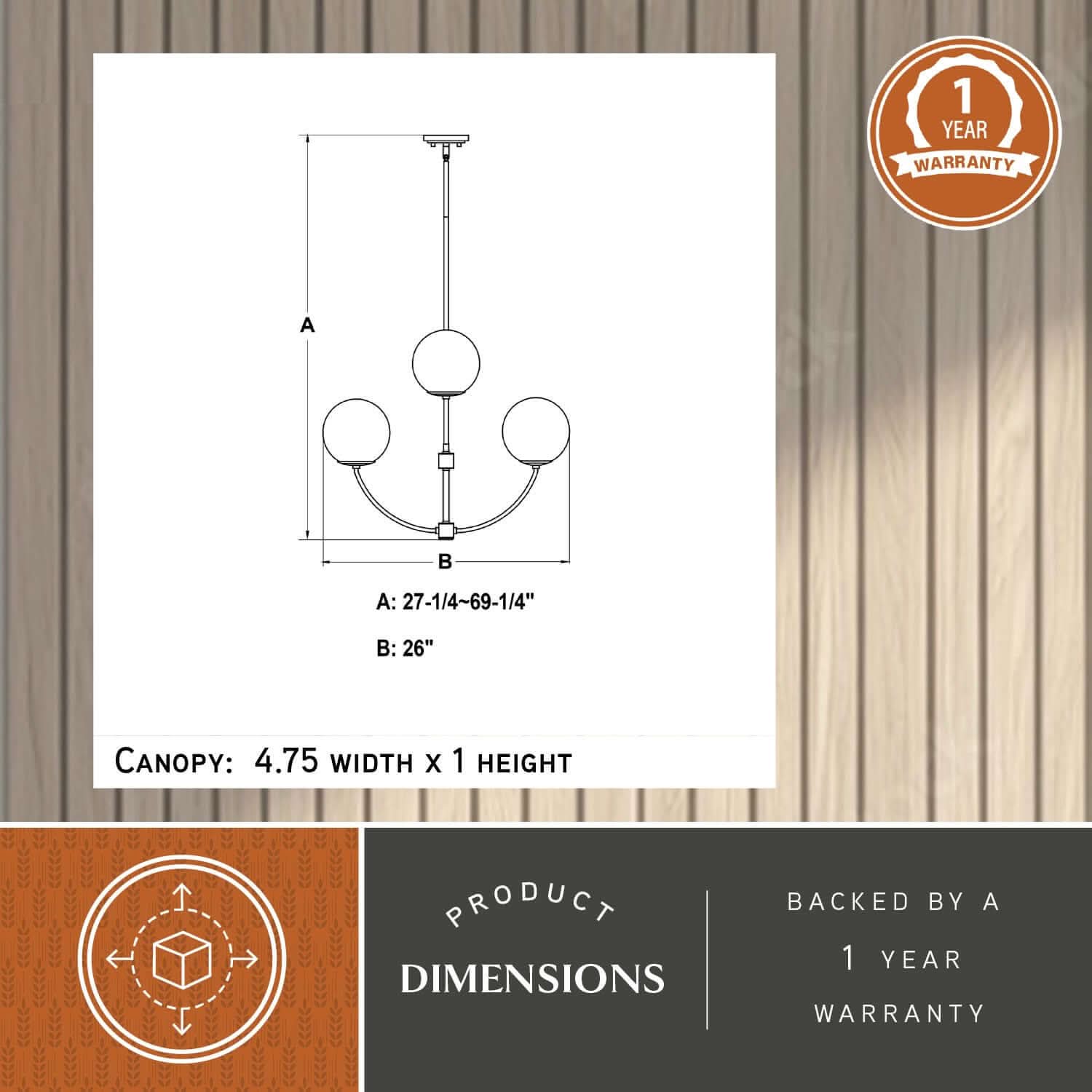Avers 26-inch 4 Light Chandelier dimension diagram showing adjustable height A (27.25–69.25 inches), width B (26 inches), and canopy size 4.75 inches width × 1 inch height, with 1-year warranty badge