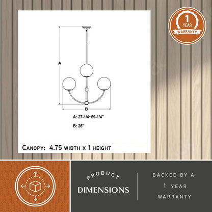 Avers 26-inch 4 Light Chandelier dimension diagram showing adjustable height A (27.25–69.25 inches), width B (26 inches), and canopy size 4.75 inches width × 1 inch height, with 1-year warranty badge