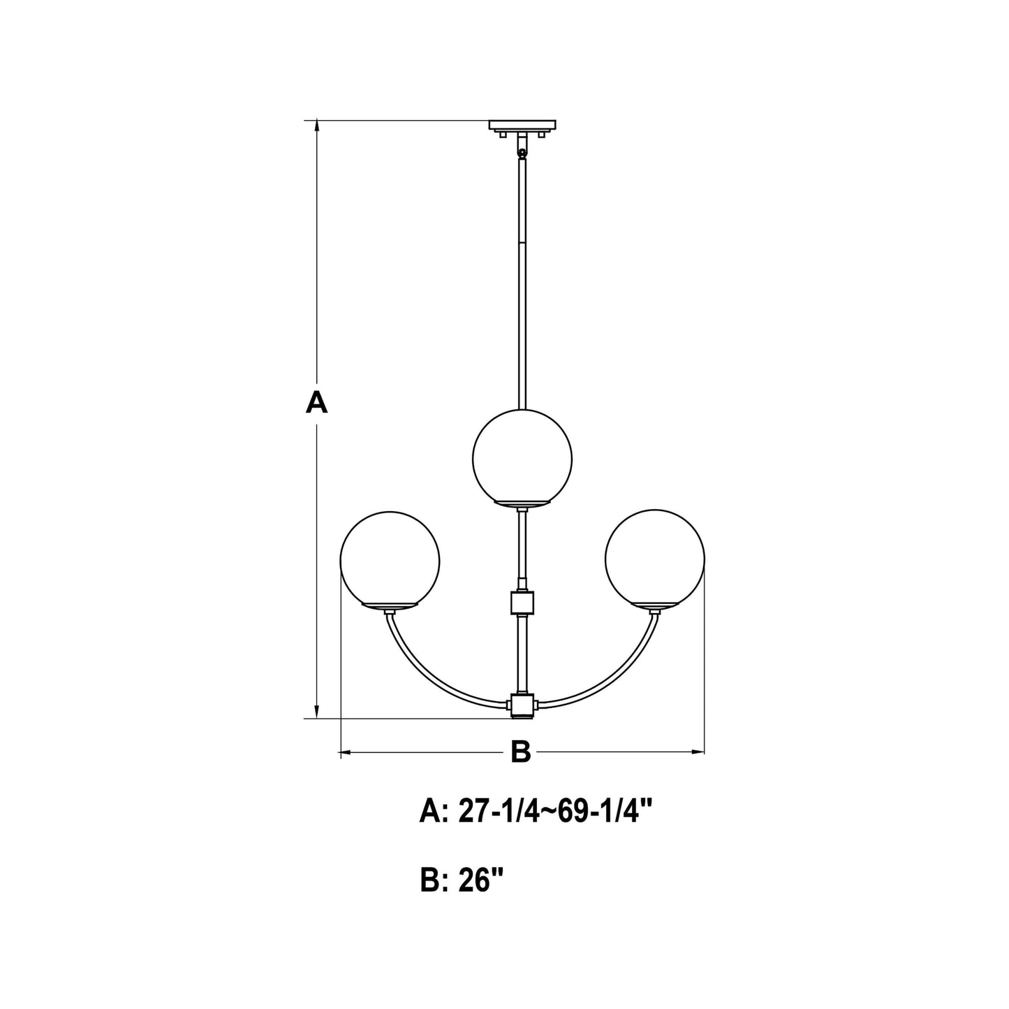 Avers 26-inch 4 Light Chandelier line drawing showing height A (27.25–69.25 inches) and width B (26 inches) measurements
