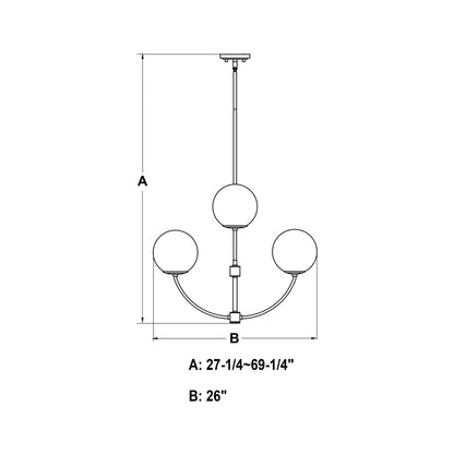 Avers 26-inch 4 Light Chandelier line drawing showing height A (27.25–69.25 inches) and width B (26 inches) measurements