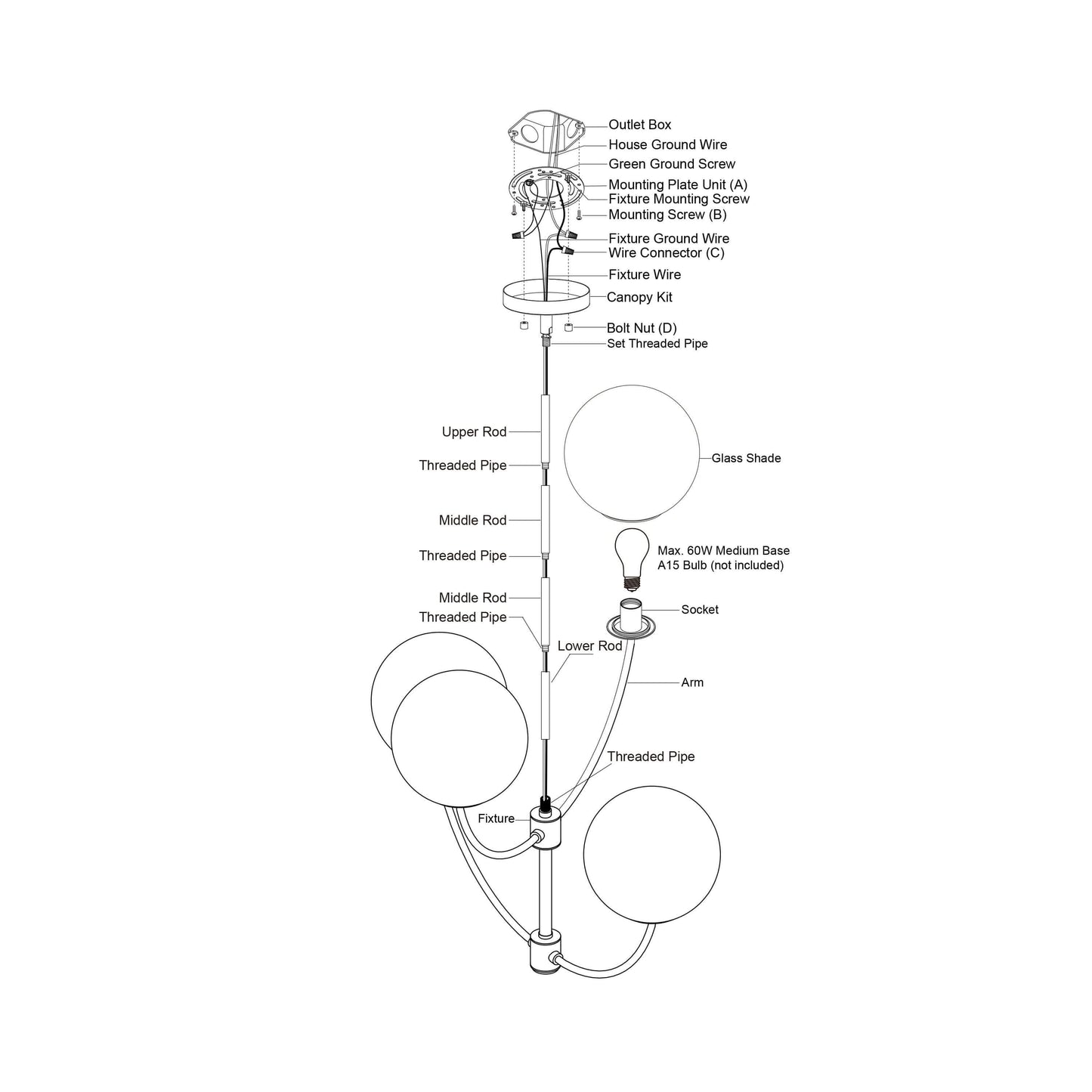 Avers 26-inch 4 Light Chandelier exploded installation diagram showing rods, threaded pipes, canopy kit, sockets, and glass shades