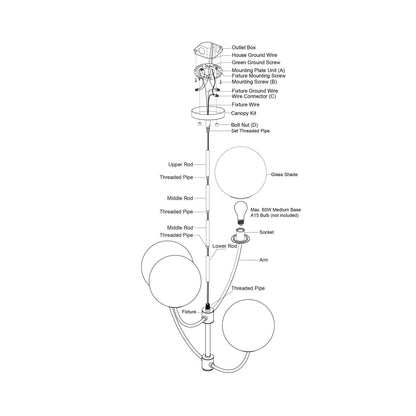 Avers 26-inch 4 Light Chandelier exploded installation diagram showing rods, threaded pipes, canopy kit, sockets, and glass shades