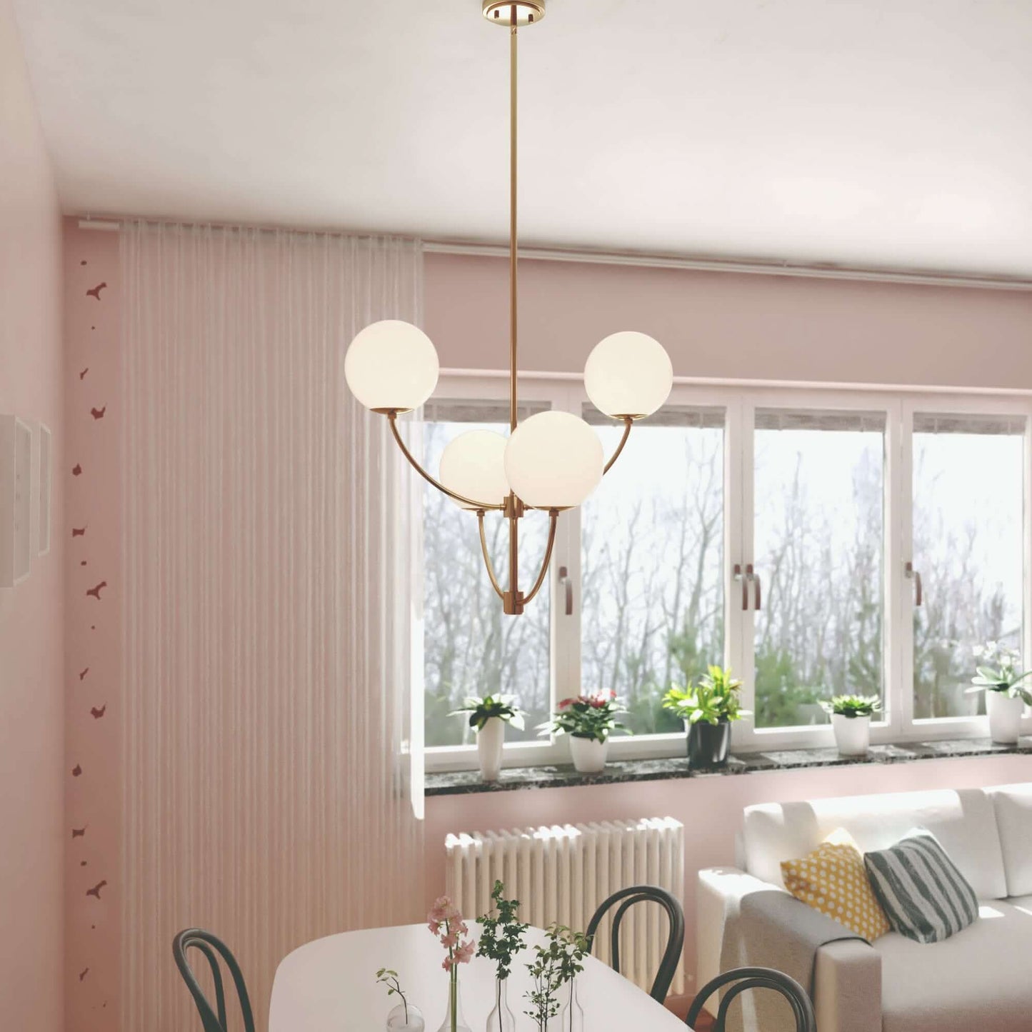 Avers 26-inch 4 Light Chandelier with frosted opal glass globes in a bright living room setting