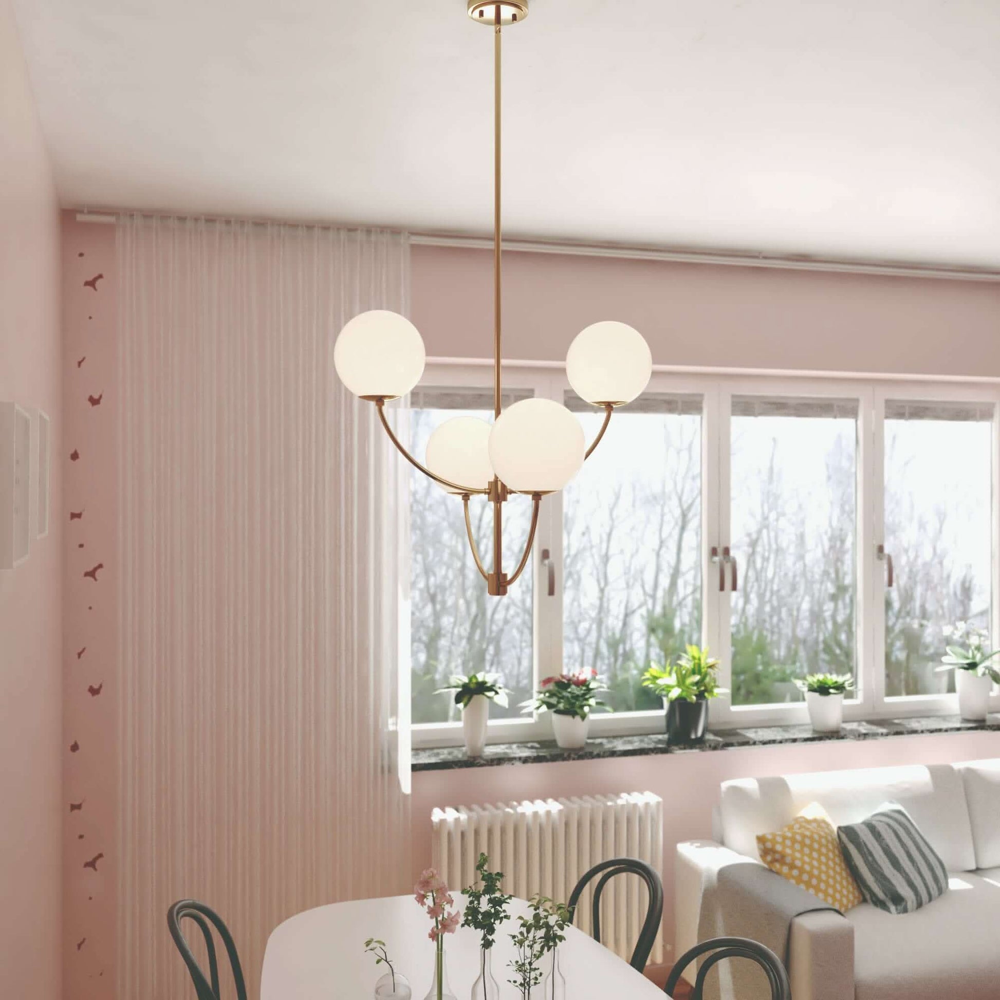 Avers 26-inch 4 Light Chandelier with frosted opal glass globes in a bright living room setting