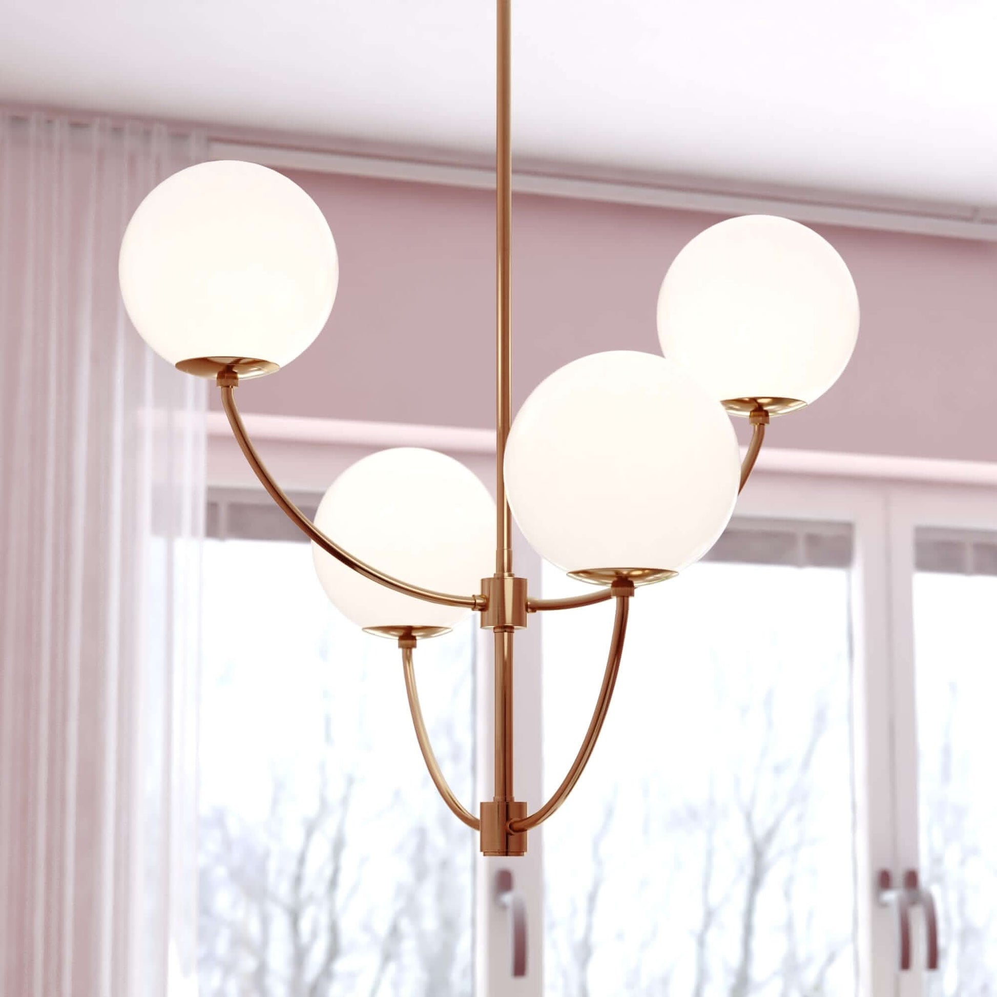 Avers 26-inch 4 Light Chandelier close-up showing frosted opal glass globes and satin brass finish
