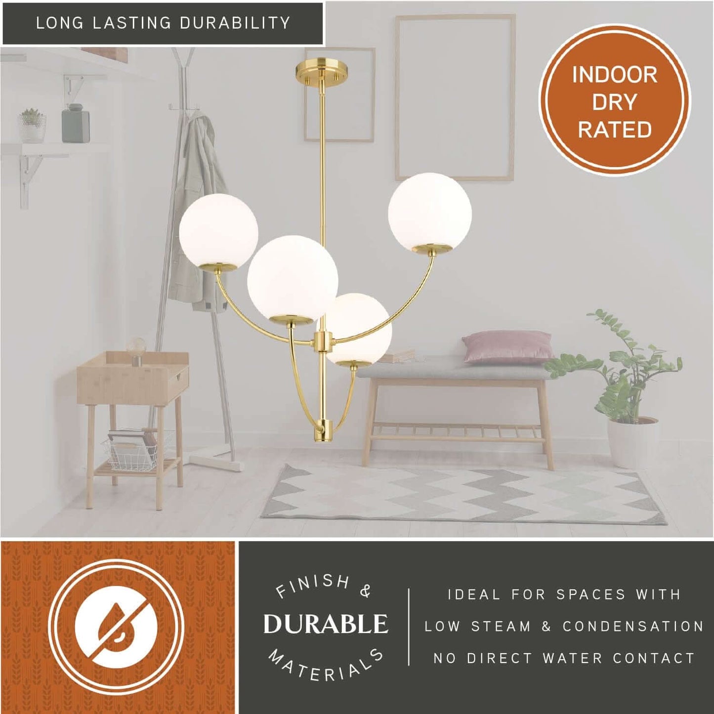 Avers 26-inch 4 Light Chandelier in a minimal indoor setting, featuring satin brass finish and frosted globes, highlighted as indoor dry rated with durable materials