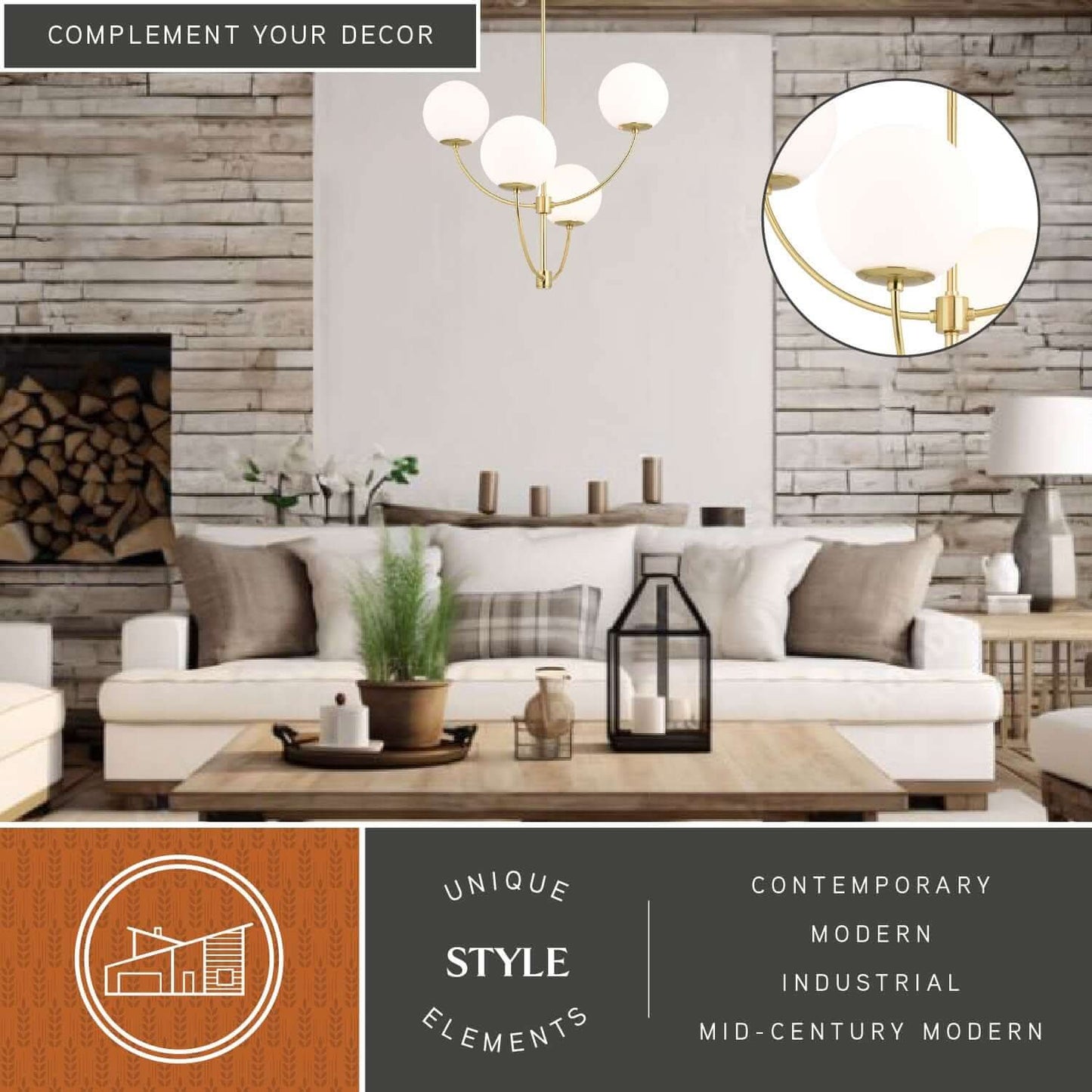 Avers 26-inch 4 Light Chandelier with contemporary, modern, industrial and mid-century modern decor elements displayed in a contemporary living room, highlighting its unique style elements.
