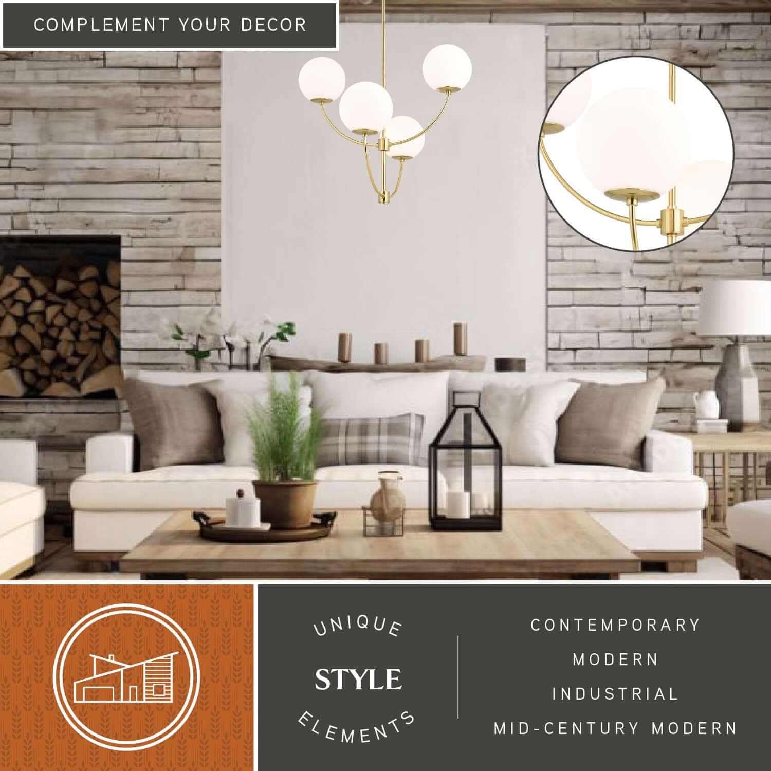 Avers 26-inch 4 Light Chandelier with contemporary, modern, industrial and mid-century modern decor elements displayed in a contemporary living room, highlighting its unique style elements.