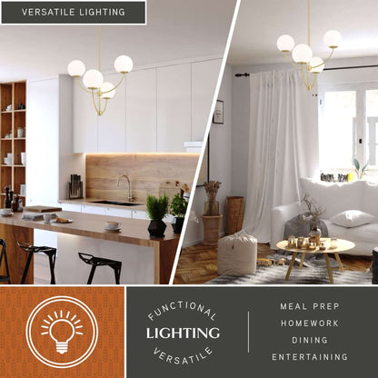 Avers 26-inch 4 Light Chandelier shown in both kitchen and living room setups, highlighting its versatile lighting for meal prep, homework, dining, and entertaining spaces.