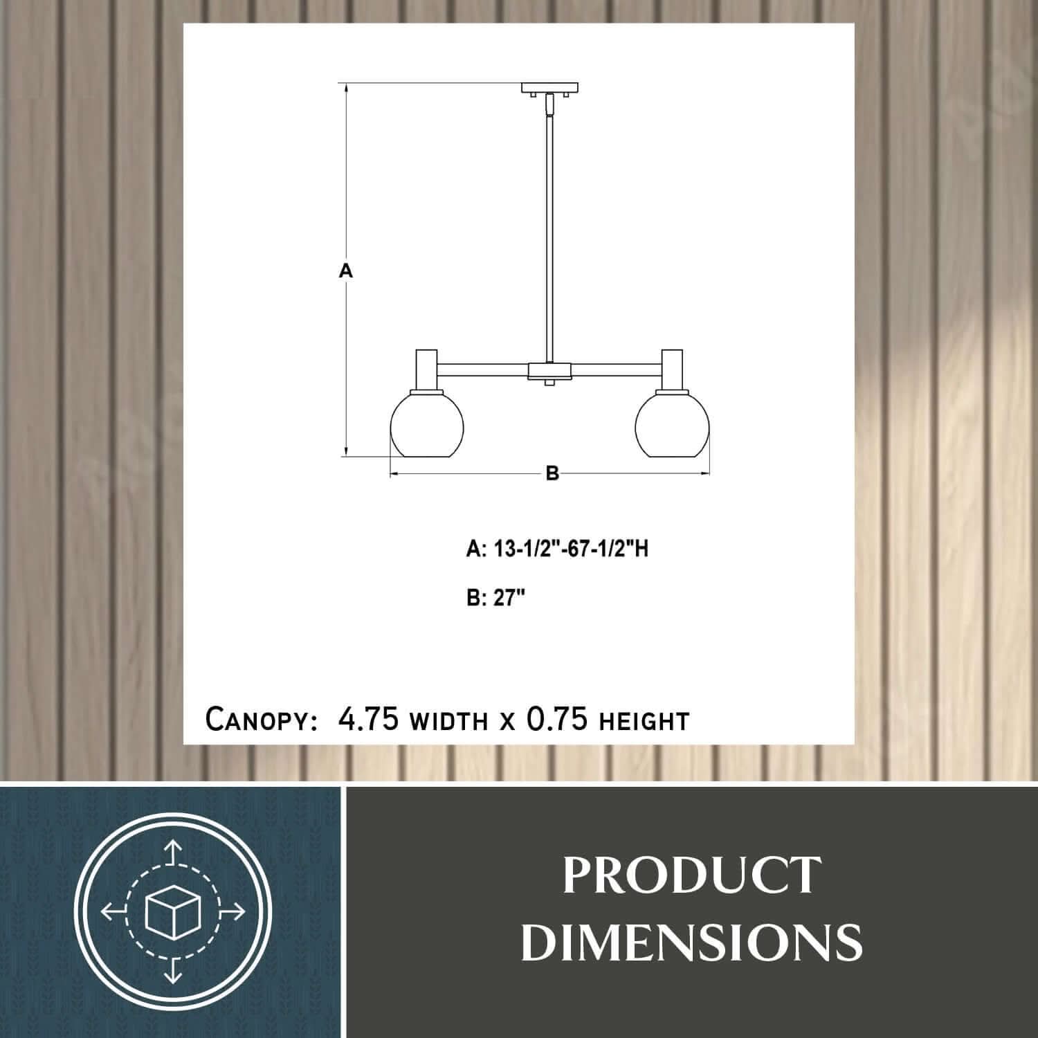 Marshall 27-inch 5 Light chandelier product dimensions diagram showing adjustable height: A= 13.5–67.5 inches, width: B= 27 inches, and canopy size: 4.75 inches width × 0.75 inches height.