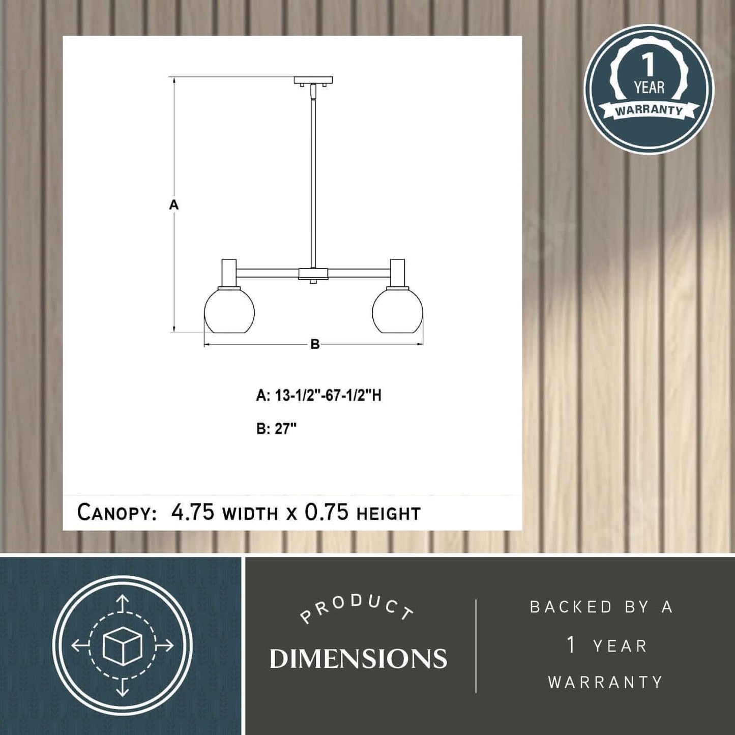 Marshall 27-inch 5 Light chandelier dimension diagram showing adjustable height: A= 13.5–67.5 inches, width: B= 27 inches, and canopy size: 4.75 inches width × 0.75 inches height., with a 1-year warranty badge.