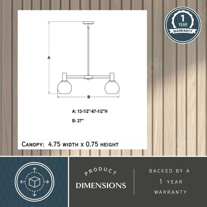 Marshall 27-inch 5 Light chandelier dimension diagram showing adjustable height: A= 13.5–67.5 inches, width: B= 27 inches, and canopy size: 4.75 inches width × 0.75 inches height., with a 1-year warranty badge.