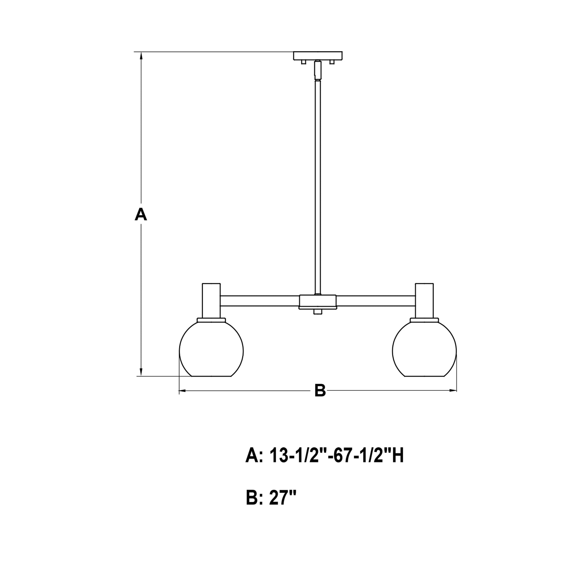 Marshall 27-inch 5 Light chandelier dimension diagram showing height A (13.5″–67.5″) and width B (27″), with clear globe shades illustrated.