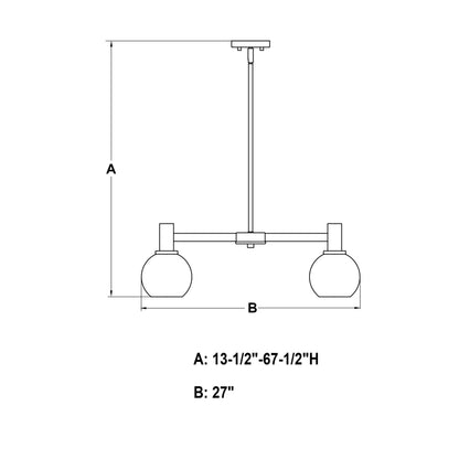 Marshall 27-inch 5 Light chandelier dimension diagram showing height A (13.5″–67.5″) and width B (27″), with clear globe shades illustrated.