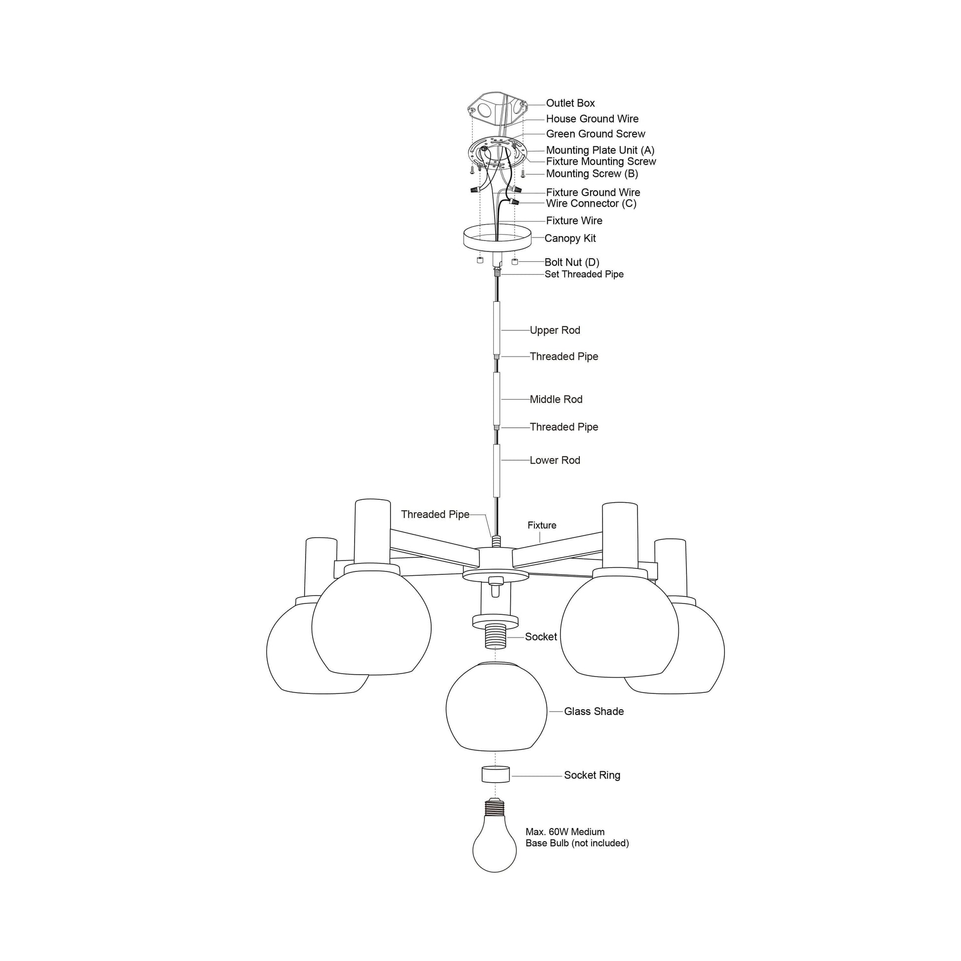 Marshall 27-inch 5 Light chandelier exploded assembly diagram showing canopy kit, rods, threaded pipes, fixture arms, sockets, glass shades, socket rings, and bulb installation layout.