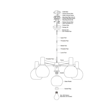 Marshall 27-inch 5 Light chandelier exploded assembly diagram showing canopy kit, rods, threaded pipes, fixture arms, sockets, glass shades, socket rings, and bulb installation layout.