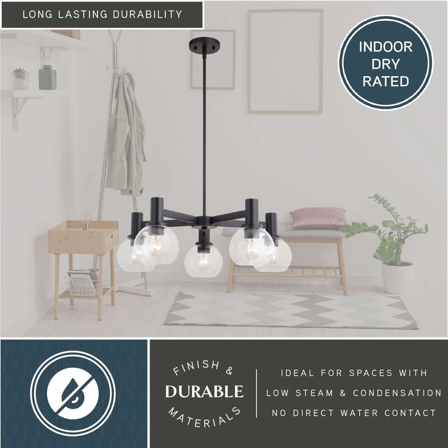 Marshall 27-inch 5 Light chandelier shown in a minimal indoor setting, highlighting its indoor dry rating with durable matte black finish and clear glass globes—ideal for low-steam, no-moisture spaces.