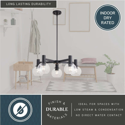Marshall 27-inch 5 Light chandelier shown in a minimal indoor setting, highlighting its indoor dry rating with durable matte black finish and clear glass globes—ideal for low-steam, no-moisture spaces.