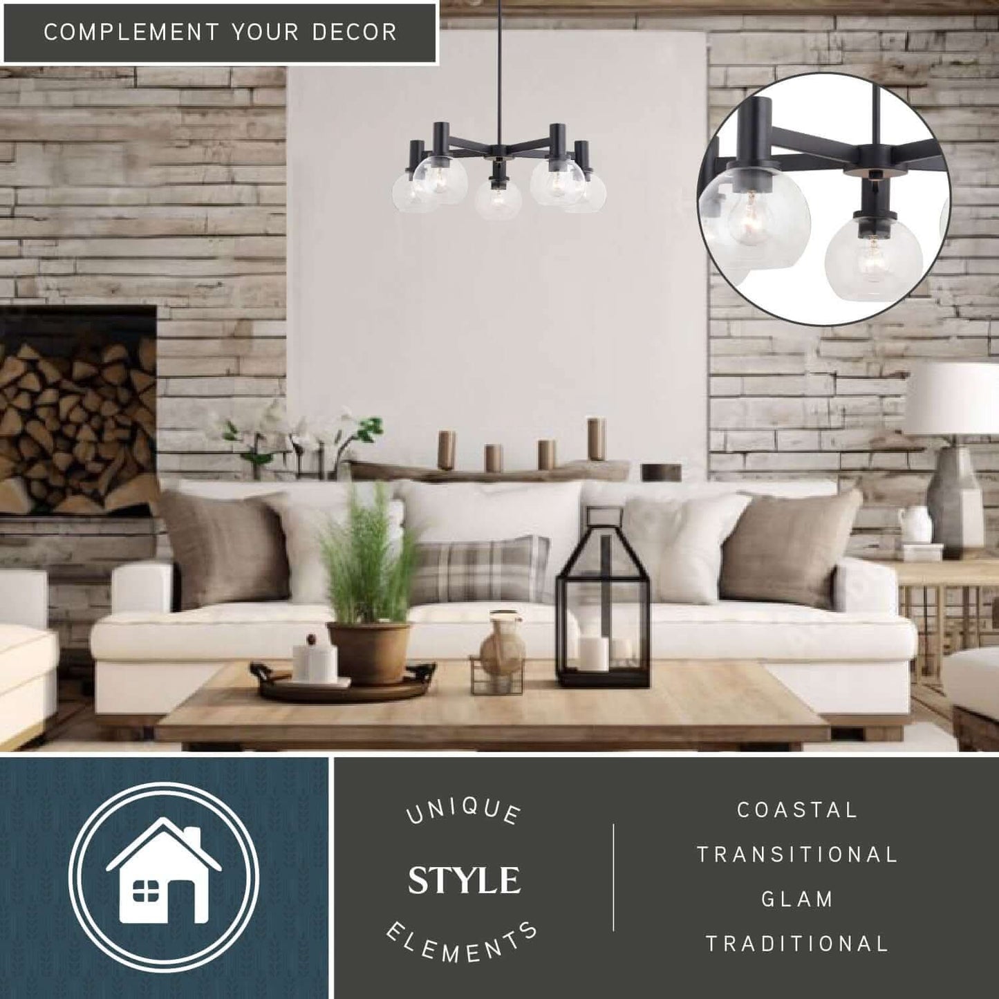 Marshall 27-inch 5 Light chandelier with coastal, transitional, glam and traditional decor elements displayed in a cozy living room, highlighting the unique style elements.