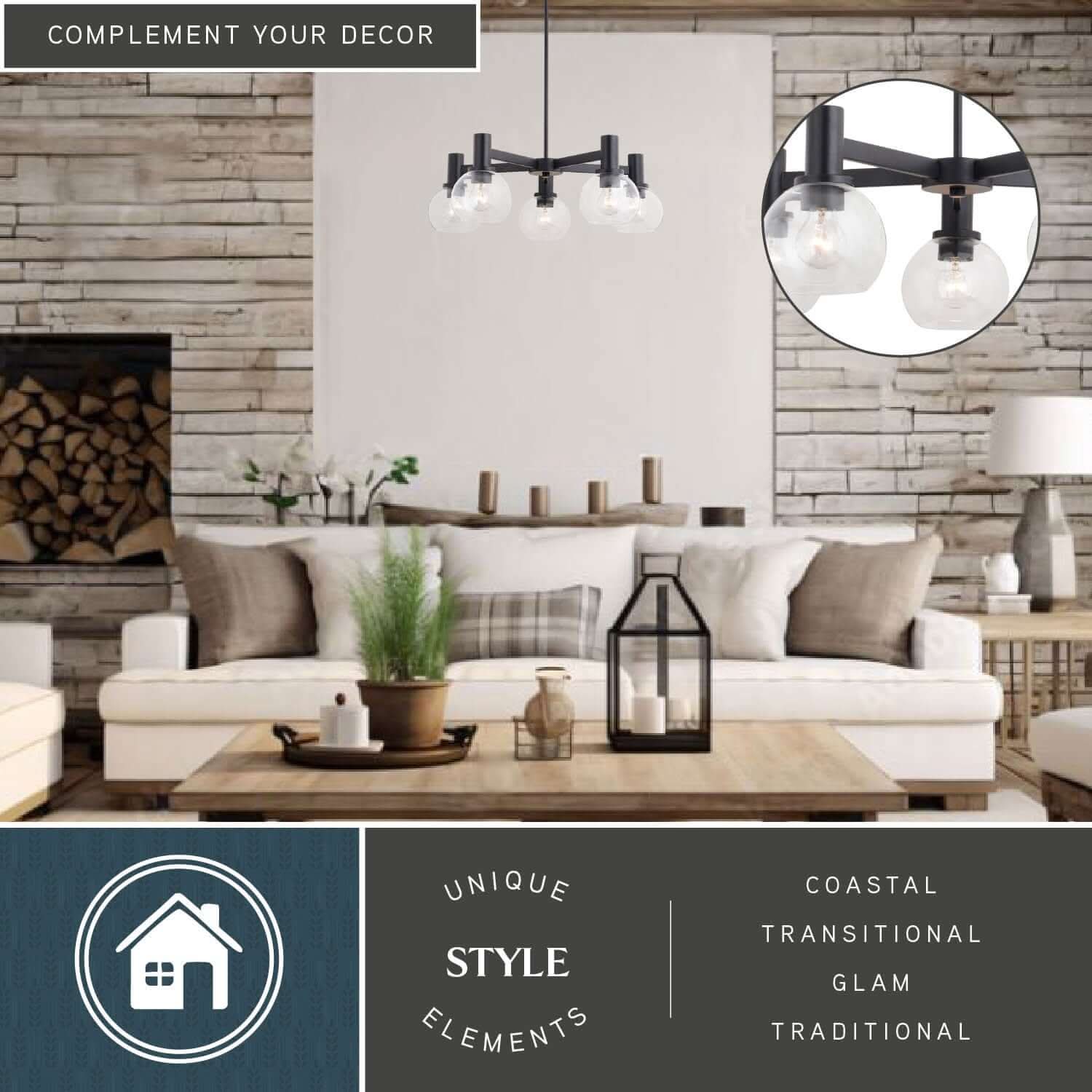 Marshall 27-inch 5 Light chandelier with coastal, transitional, glam and traditional decor elements displayed in a cozy living room, highlighting the unique style elements.