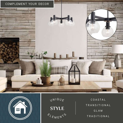 Marshall 27-inch 5 Light chandelier with coastal, transitional, glam and traditional decor elements displayed in a cozy living room, highlighting the unique style elements.