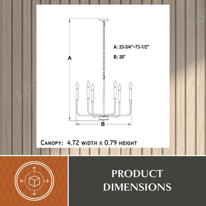 Belden 26-inch 6 Light chandelier dimension diagram showing A = adjustable height range of 23.75 to 73.5 inches, B = 26-inch width, and canopy size of 4.72 inches width by 0.79 inches height.