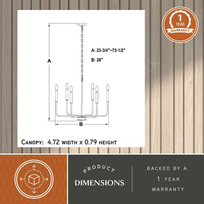 Technical diagram of the Belden 26-inch 6 Light chandelier showing measurements: A = adjustable height from 23.75 to 73.5 inches, B = 26-inch width, and canopy size = 4.72-inch width by 0.79-inch height, and a one year warranty back-up.