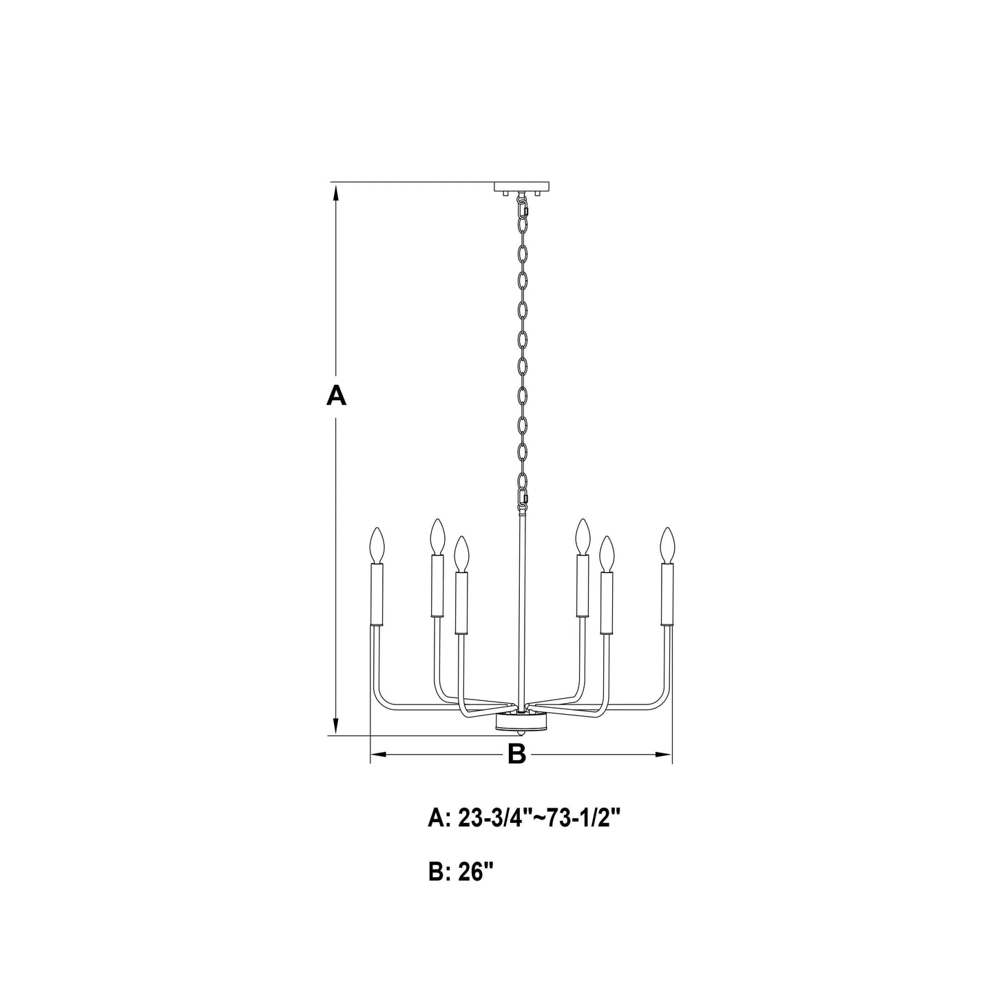 Belden 26-inch 6 Light chandelier technical sketch showing dimensions: A = adjustable height from 23.75 to 73.5 inches, and B = 26-inch width.