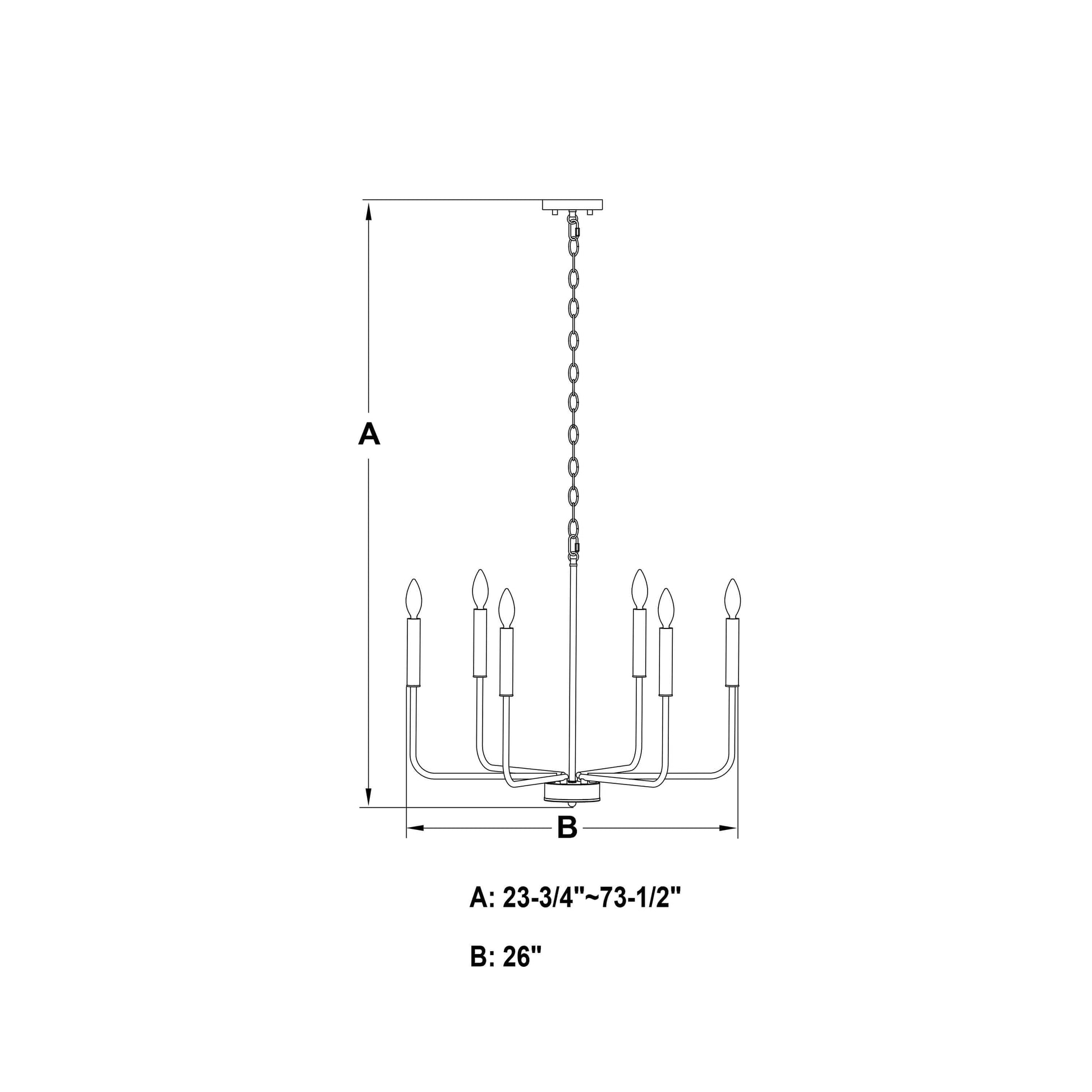 Belden 26-inch 6 Light chandelier technical sketch showing dimensions: A = adjustable height from 23.75 to 73.5 inches, and B = 26-inch width.