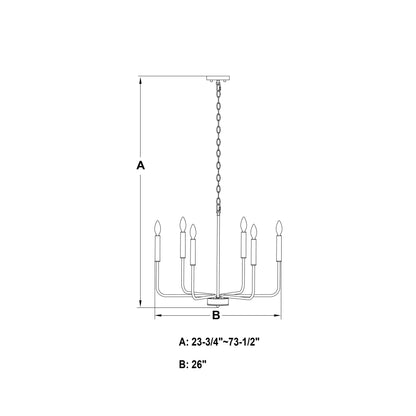 Belden 26-inch 6 Light chandelier technical sketch showing dimensions: A = adjustable height from 23.75 to 73.5 inches, and B = 26-inch width.